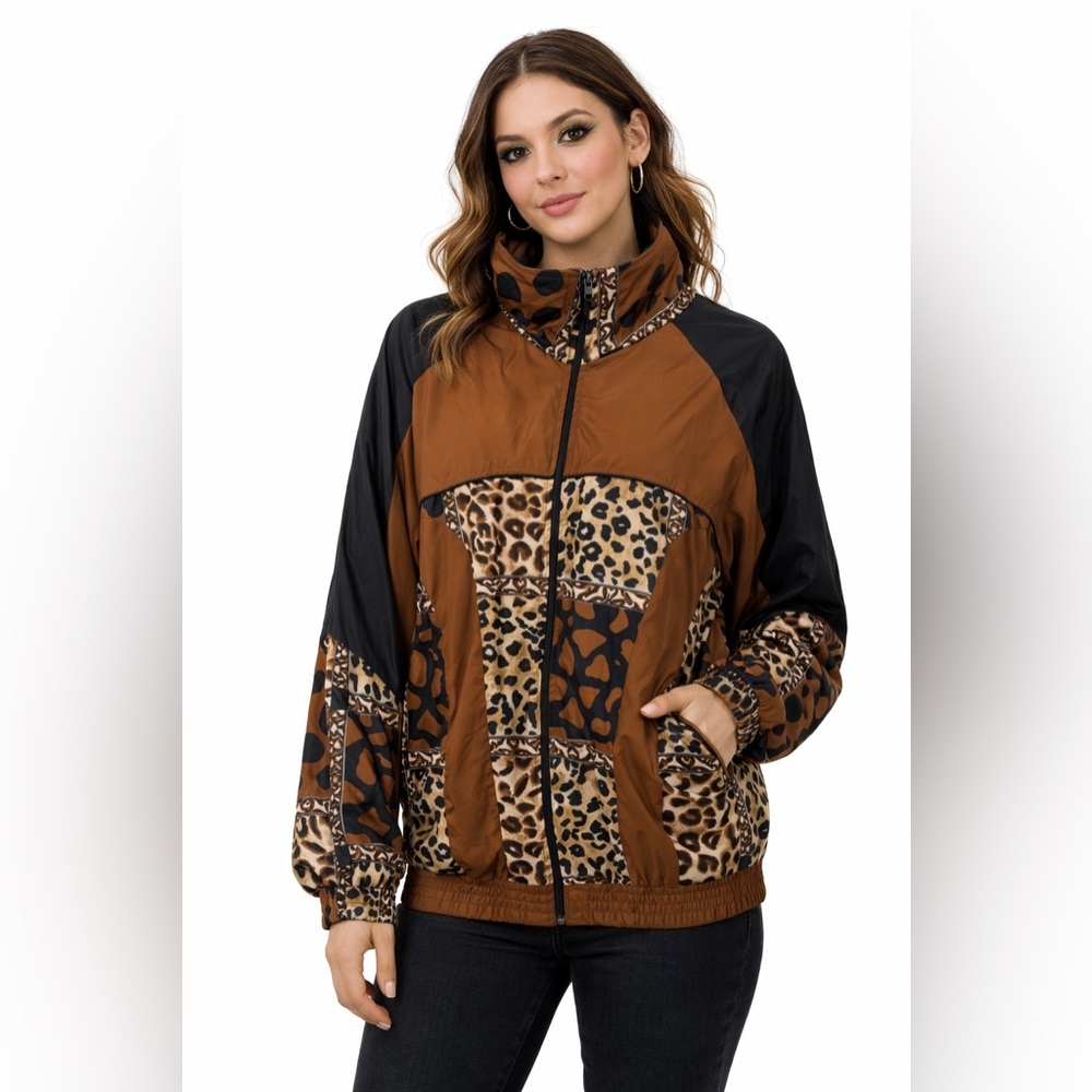 Argee Leopard Print Patchwork Windbreaker Jacket Animal Print Zip Vintage